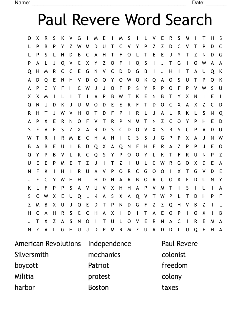 Paul Revere Word Search