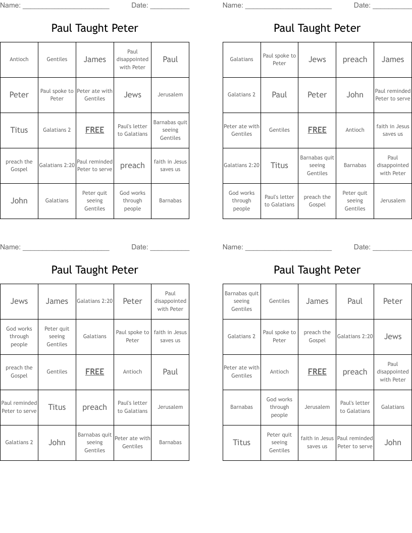 Paul Taught Peter Bingo Cards