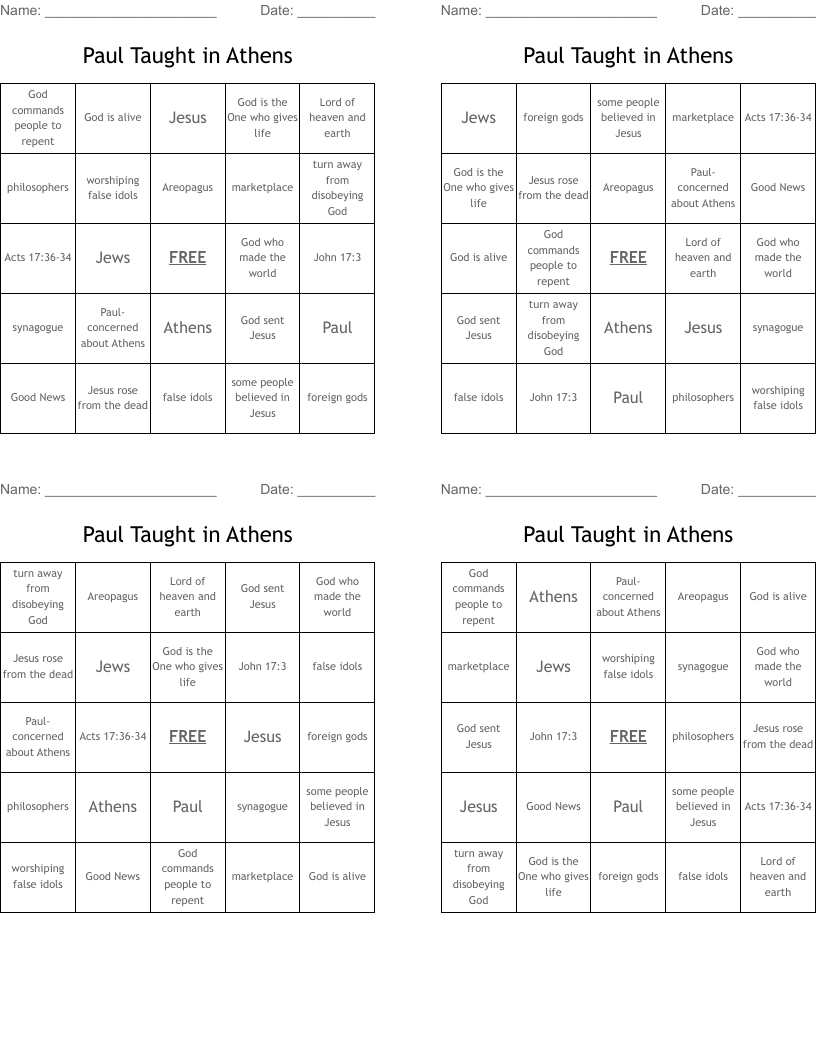 Paul Taught in Athens Bingo Cards