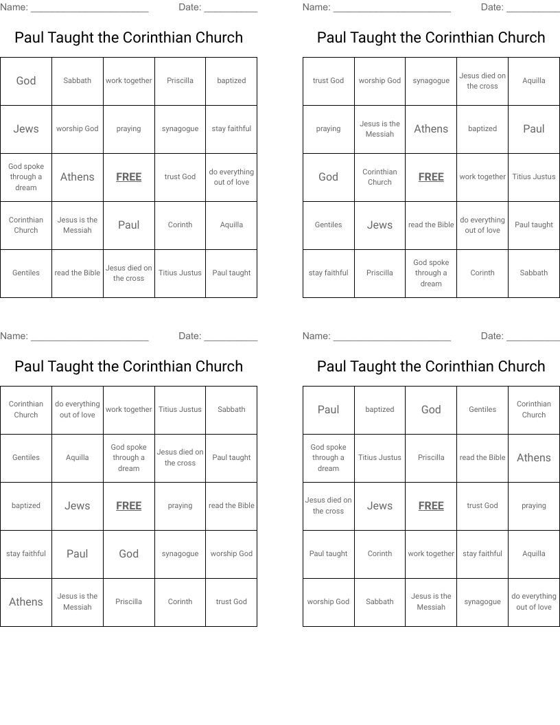 Paul Taught the Corinthian Church Bingo Cards