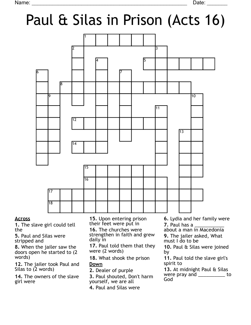 Paul & Silas in Prison (Acts 16) Crossword