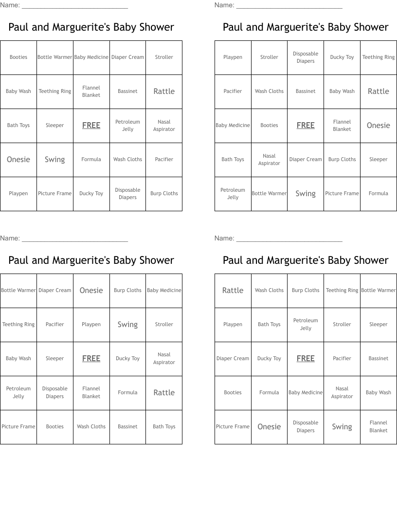 Paul and Marguerite's Baby Shower Bingo Cards
