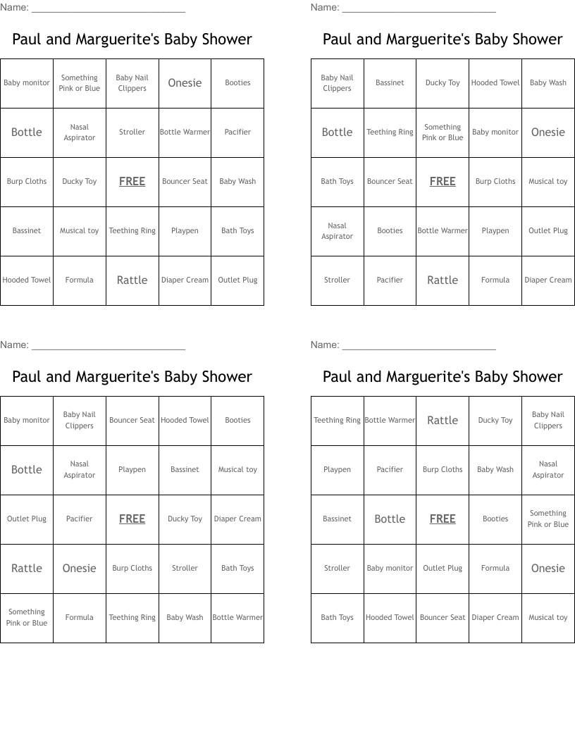 Paul and Marguerite's Baby Shower Bingo Cards
