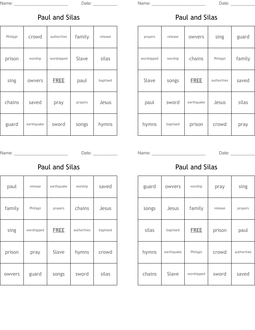 Paul and Silas Bingo Cards