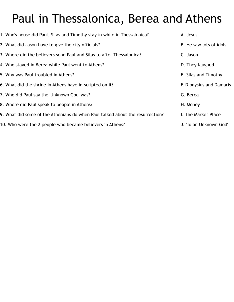 Paul in Thessalonica, Berea and Athens Worksheet