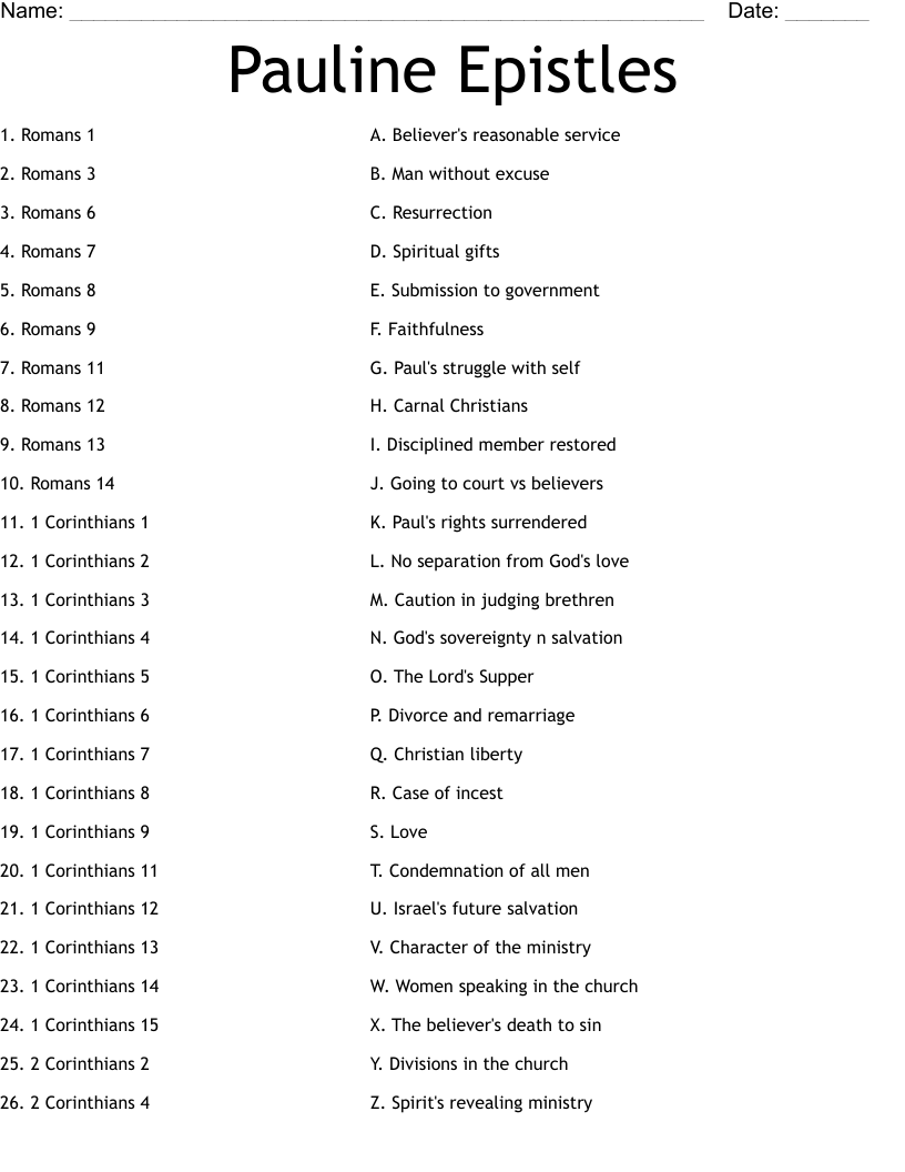 Pauline Epistles Worksheet