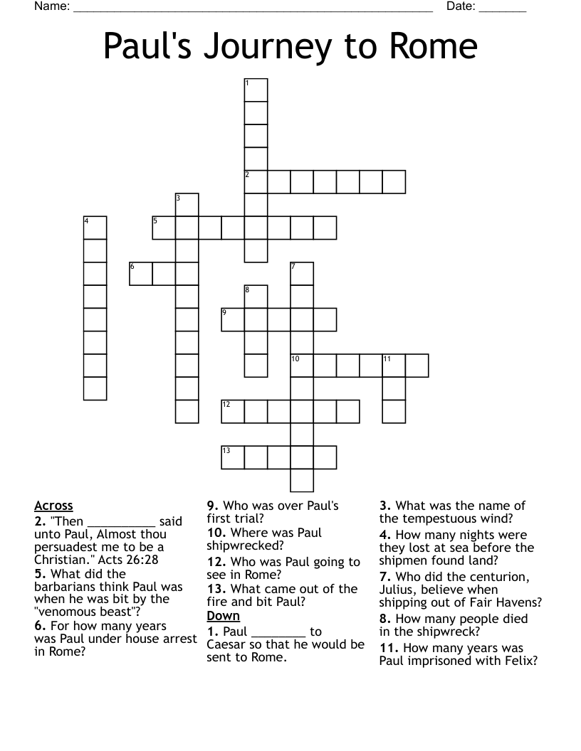 Paul's Journey to Rome Crossword