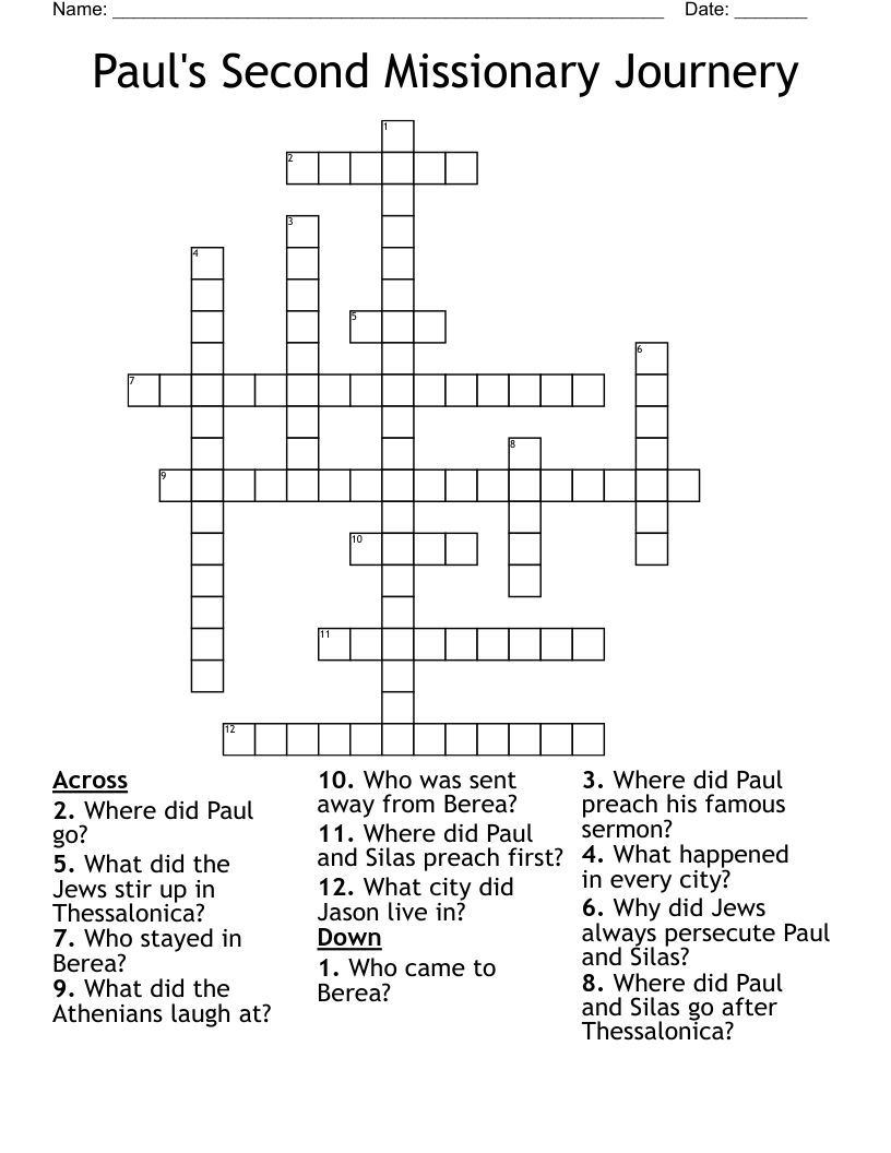 Paul's Second Missionary Journery Crossword