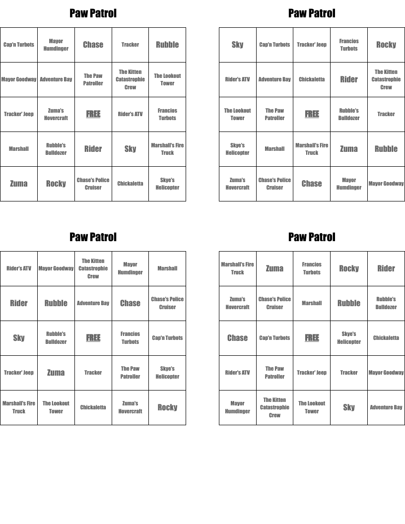 Paw Patrol Bingo Cards