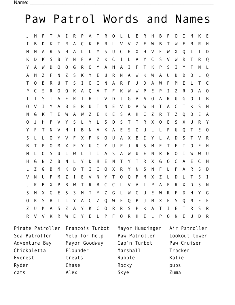 Paw Patrol Words and Names Word Search