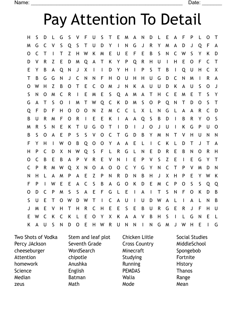 Pay Attention To Detail Word Search