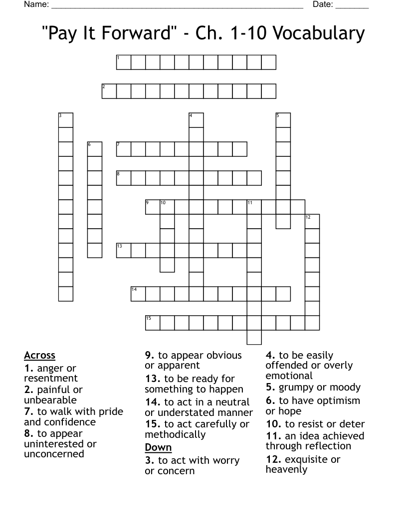 "Pay It Forward" - Ch. 1-10 Vocabulary Crossword
