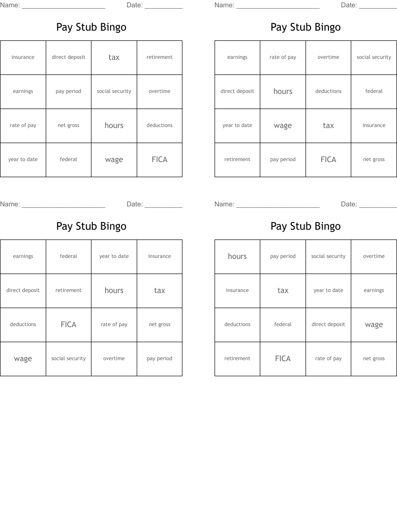 Pay Stub Bingo