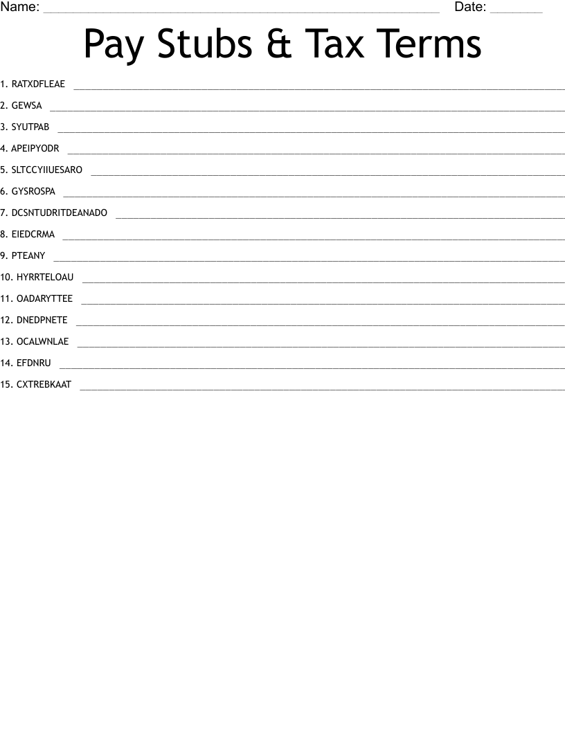 Pay Stubs & Tax Terms Word Scramble