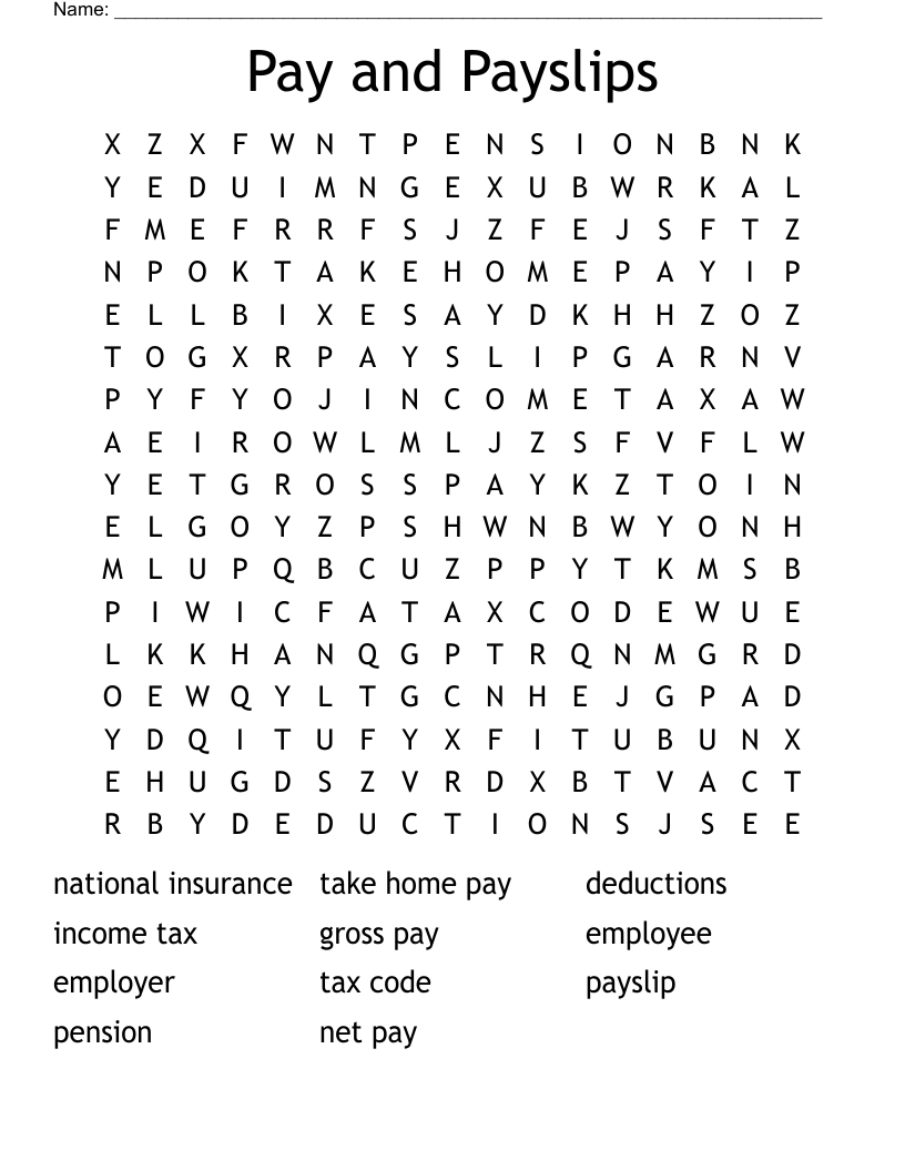 Pay and Payslips Word Search