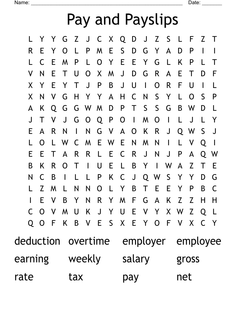Pay and Payslips Word Search