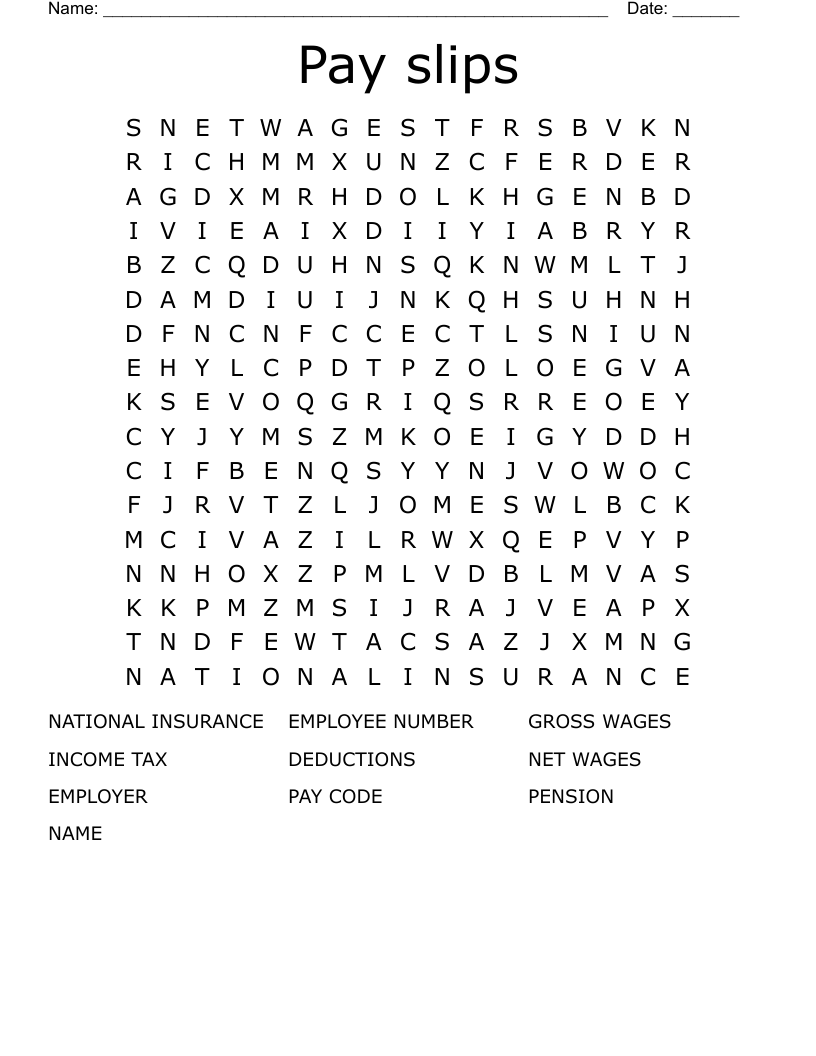 Pay slips Word Search