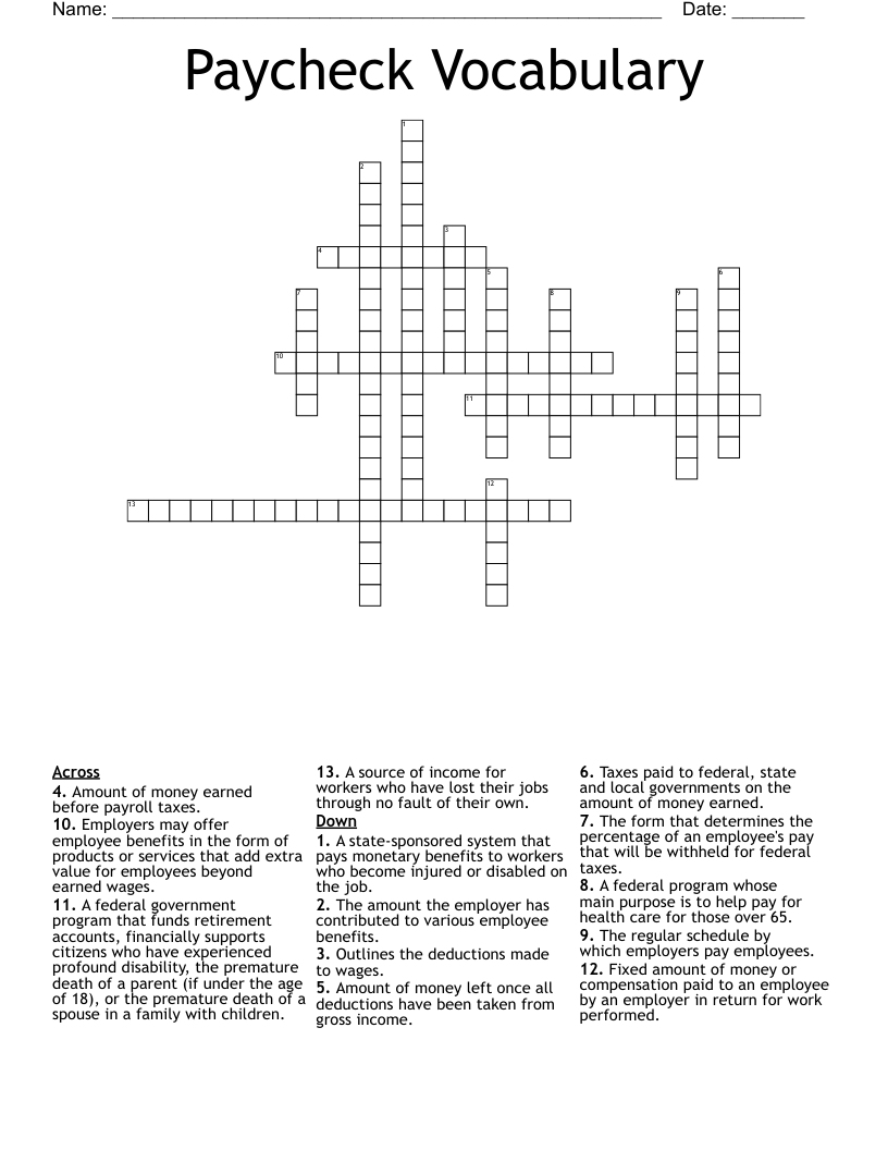 Paycheck Vocabulary Crossword