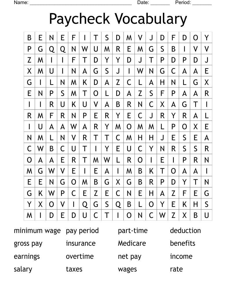 Paycheck Vocabulary Word Search