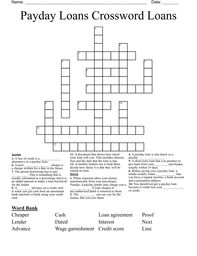 Payday Loans Crossword Loans