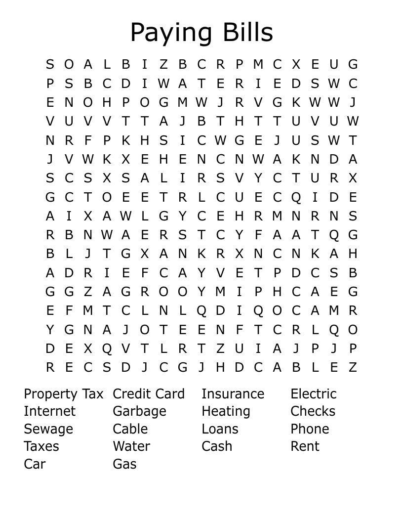 Paying Bills Word Search