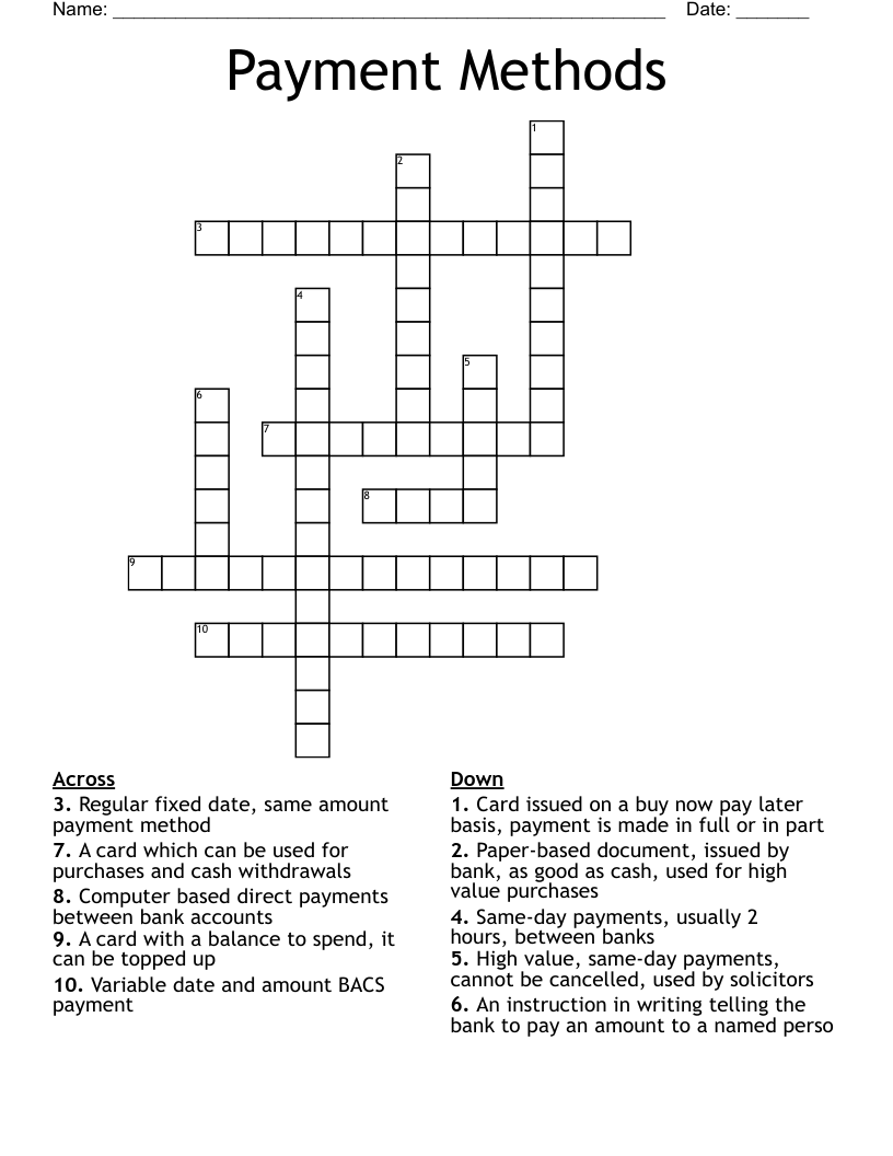 Payment Methods Crossword