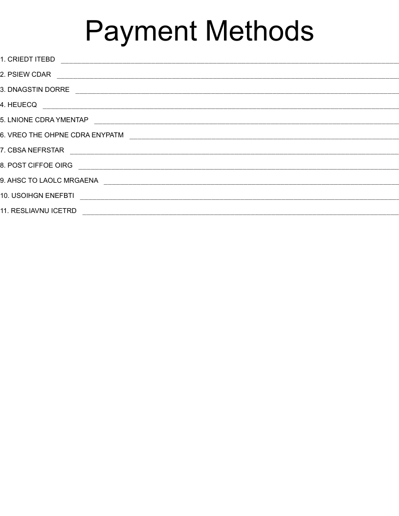 Payment Methods Word Scramble