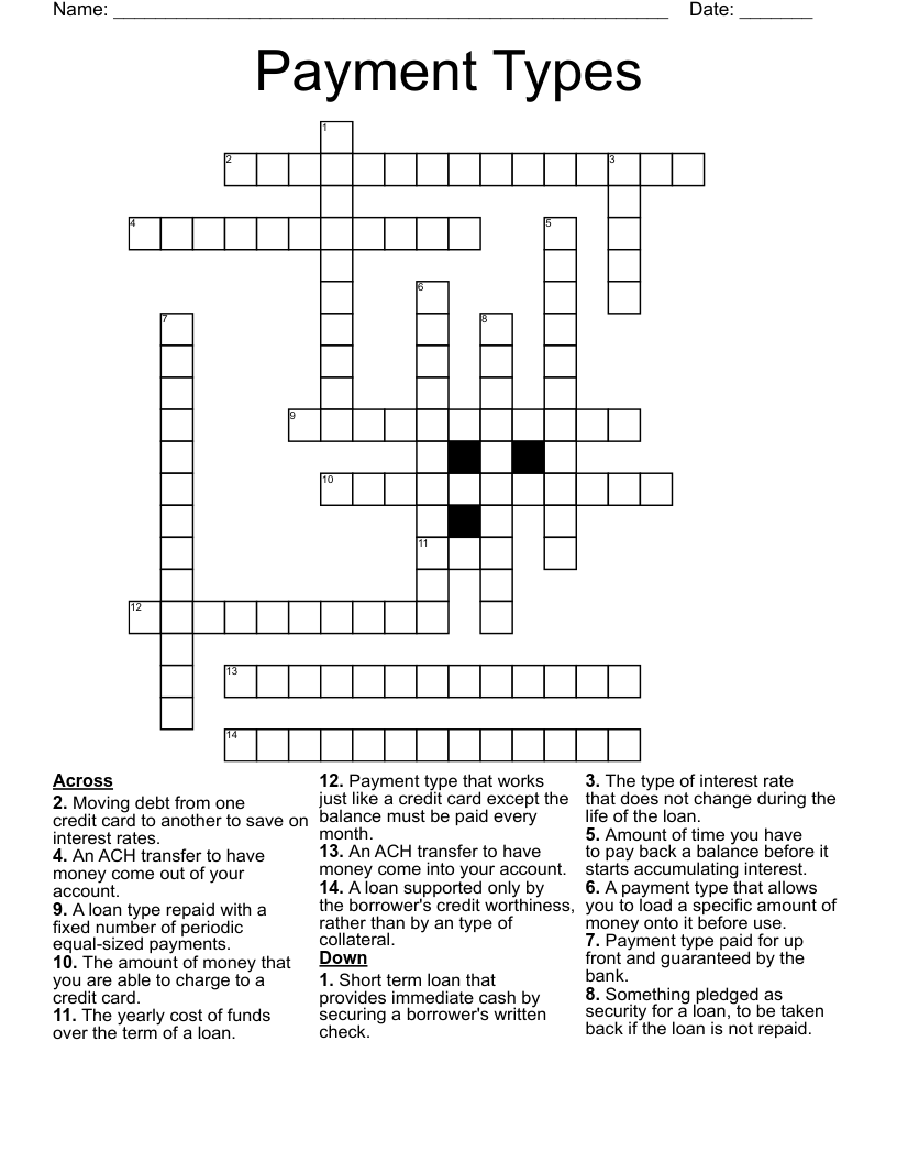 Payment Types Crossword