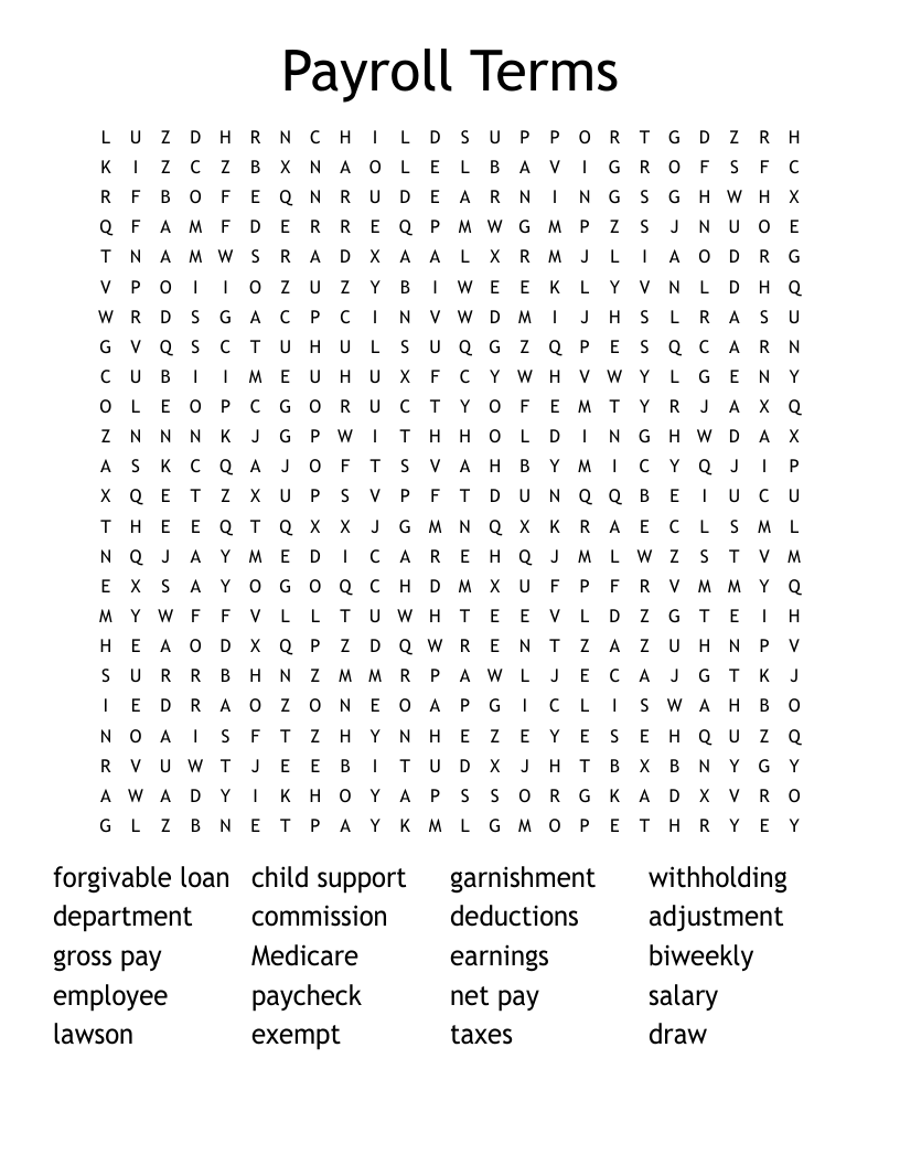 Payroll Terms Word Search