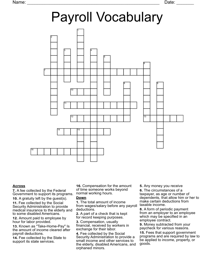 Payroll Vocabulary Crossword