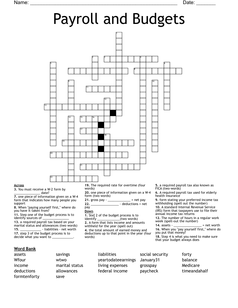 Payroll and Budgets Crossword