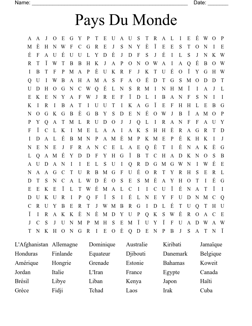 Pays Du Monde Word Search