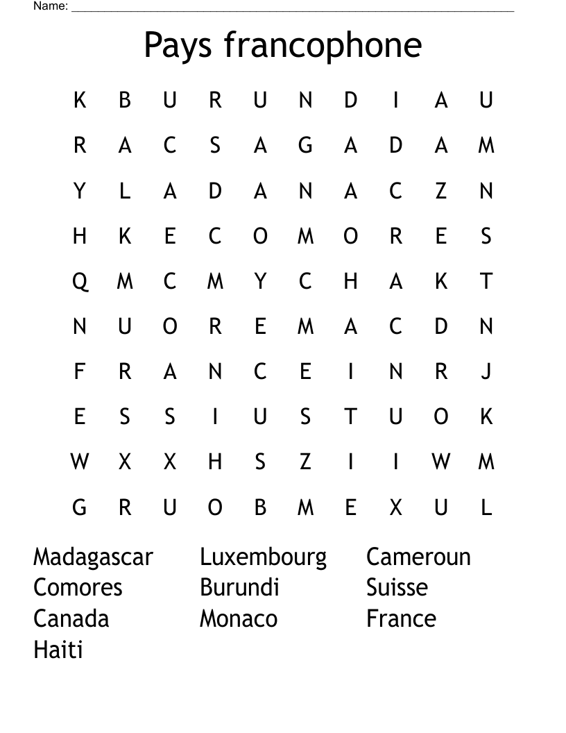Pays francophone Word Search