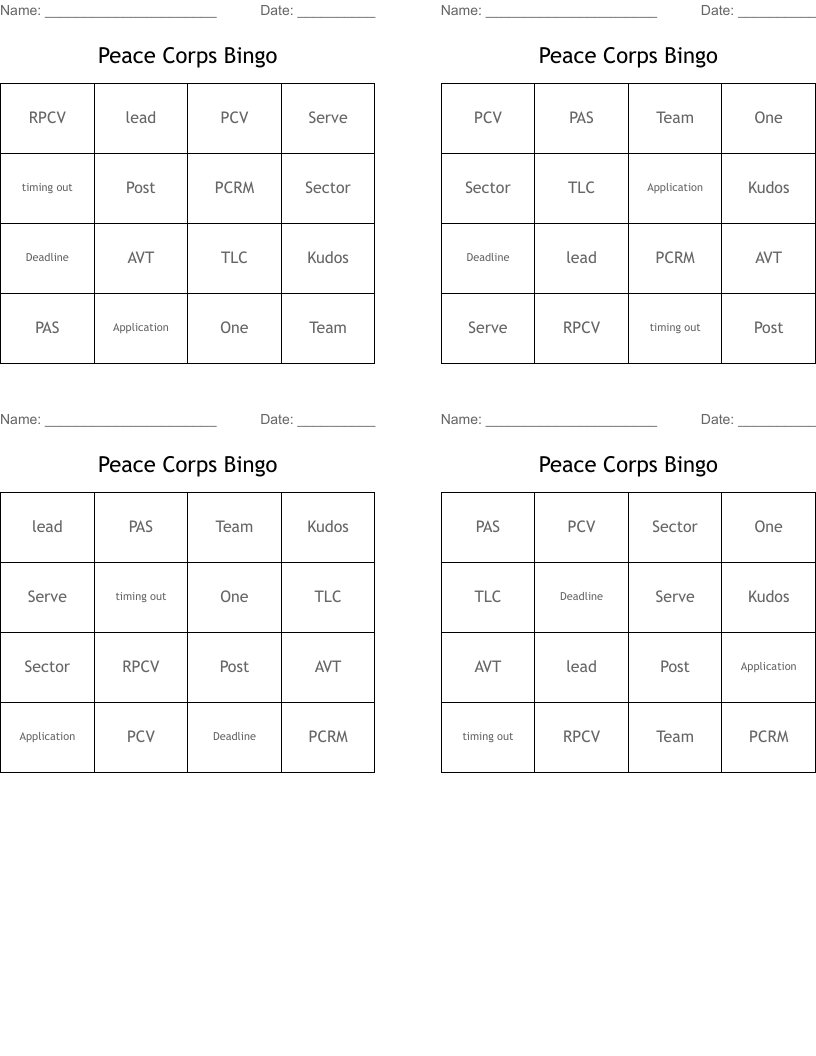 Peace Corps Bingo