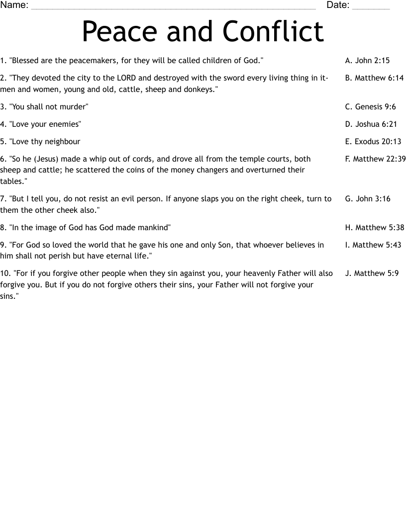 Peace and Conflict Worksheet