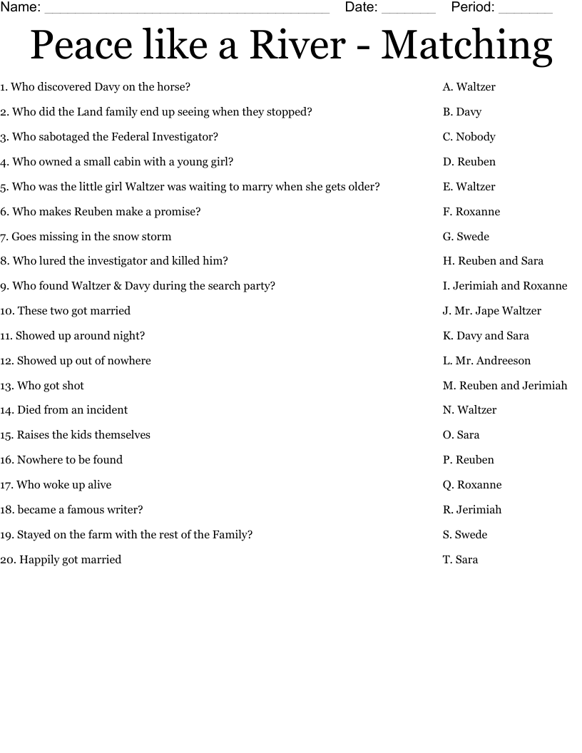 Peace like a River - Matching Worksheet