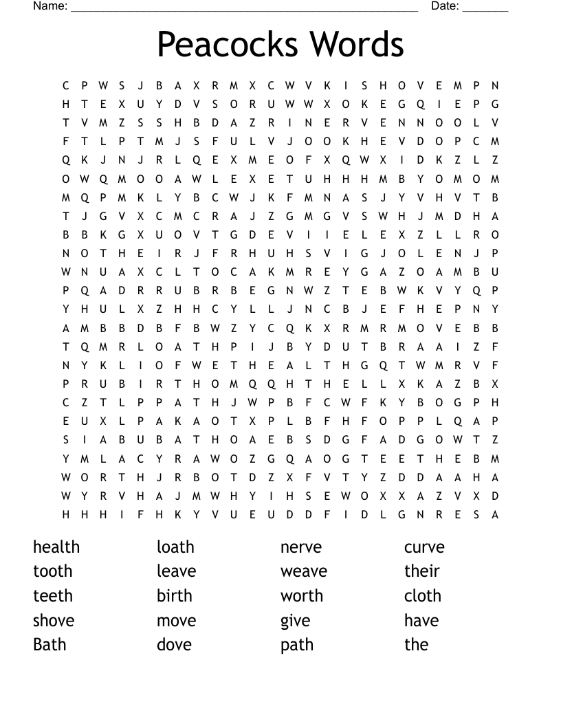Peacocks Words Word Search