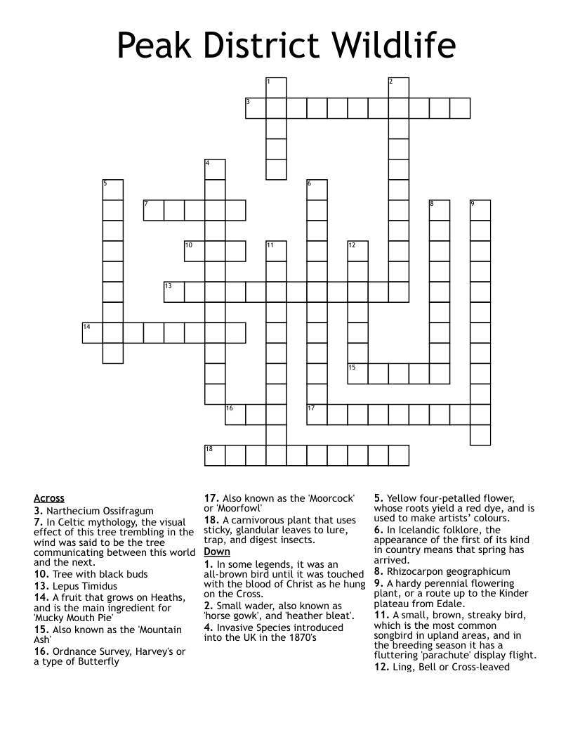 Peak District Wildlife  Crossword