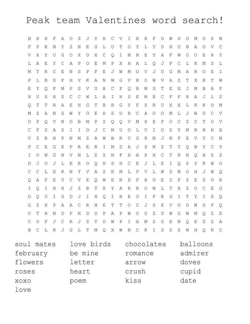 Peak team Valentines word search!