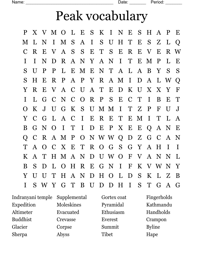 Peak vocabulary  Word Search