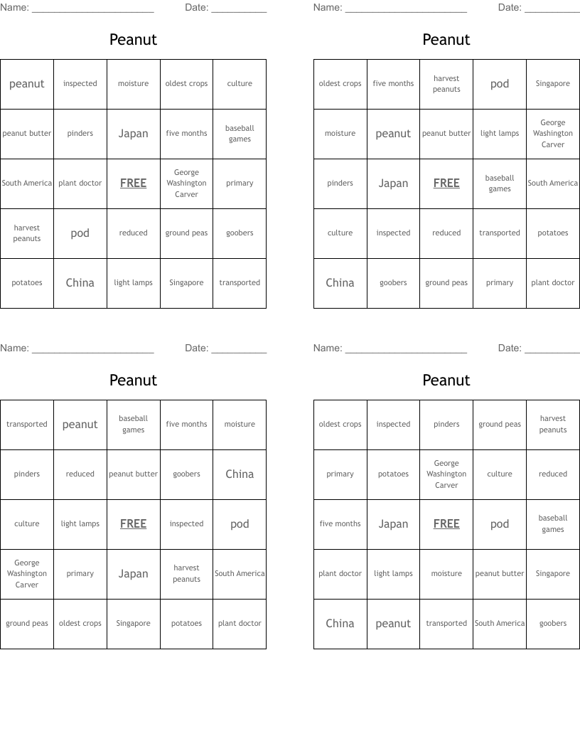 Peanut Bingo Cards