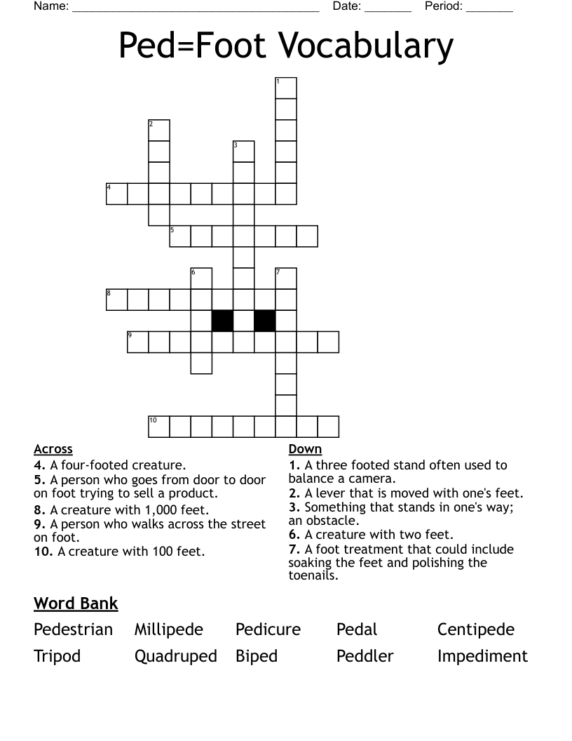 Ped=Foot Vocabulary Crossword