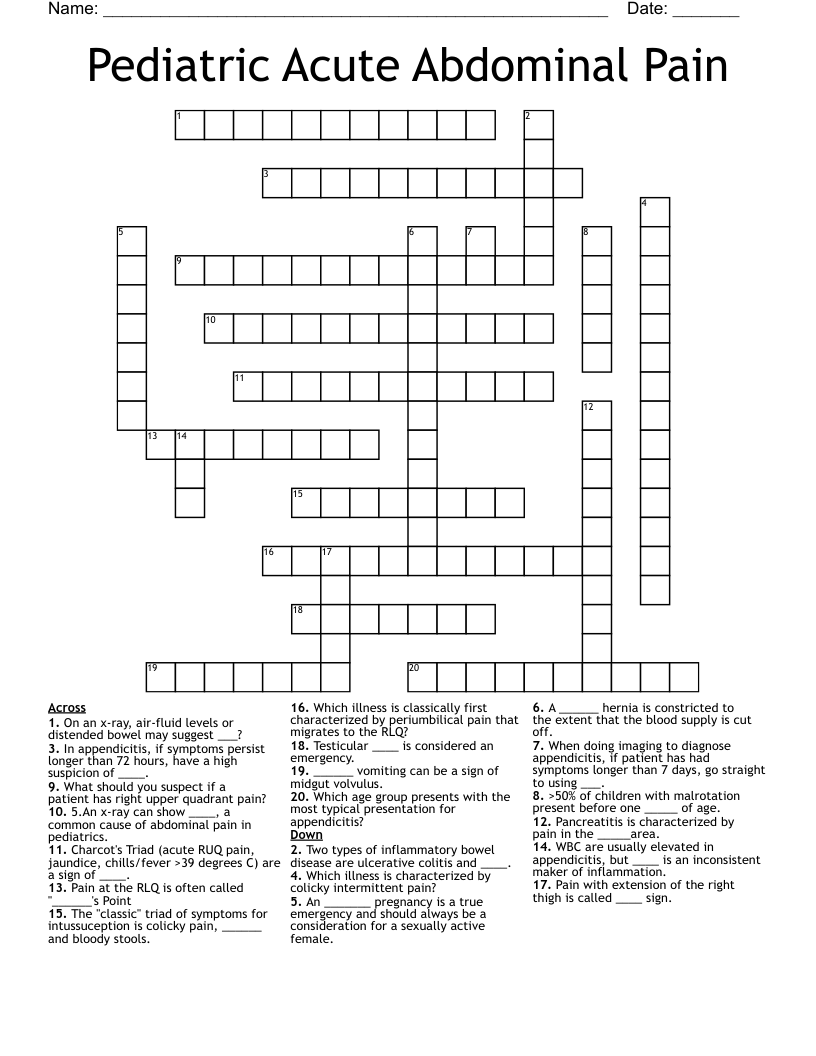 Pediatric Acute Abdominal Pain Crossword