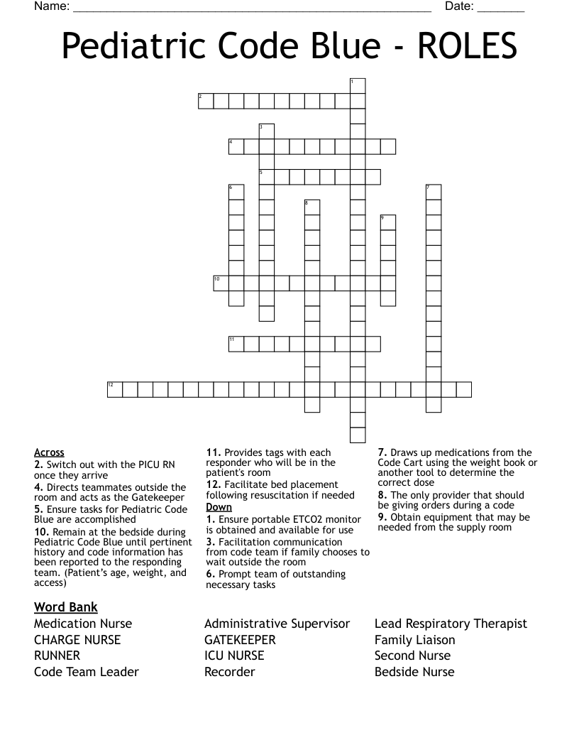 Pediatric Code Blue - ROLES Crossword