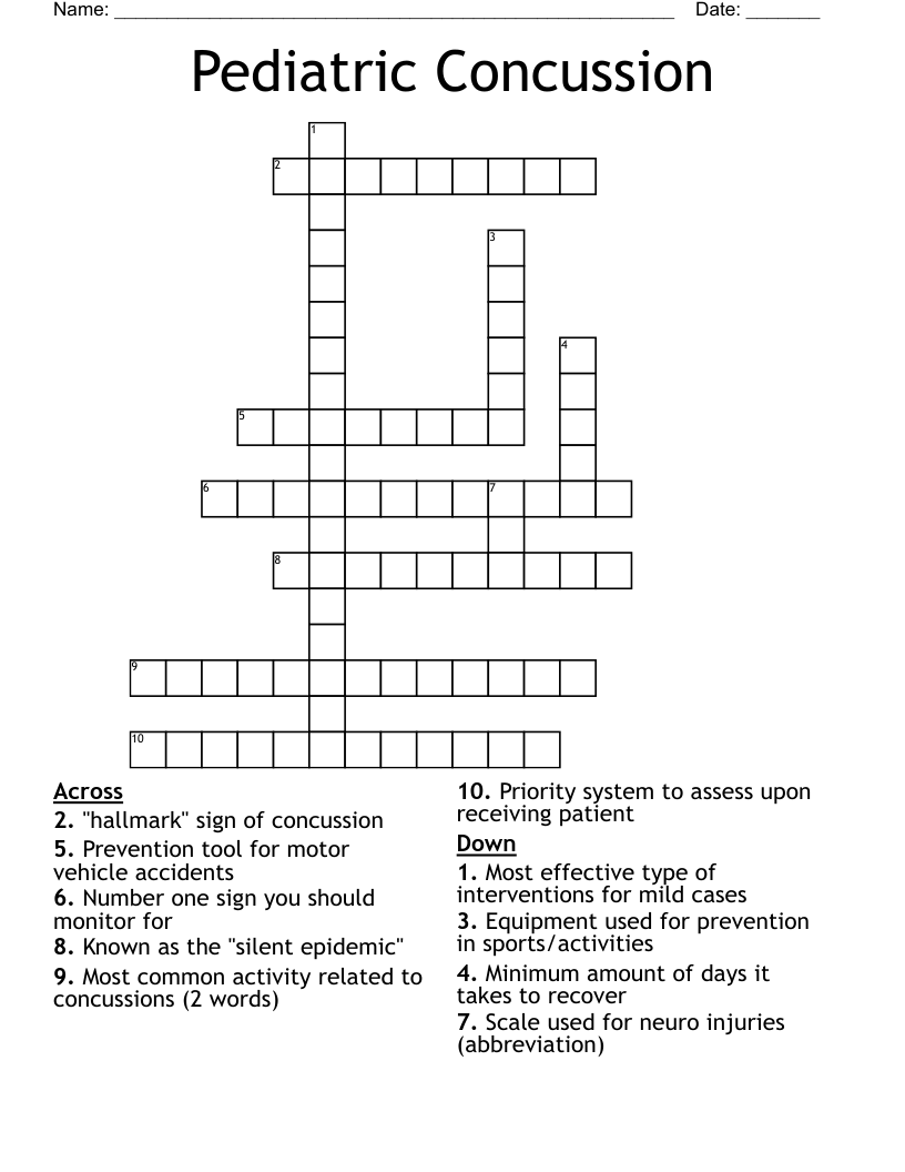Pediatric Concussion Crossword