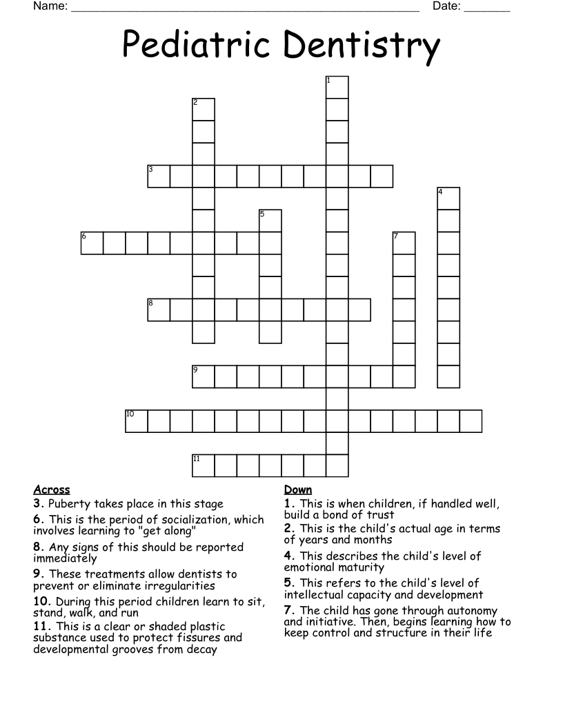 Pediatric Dentistry Crossword