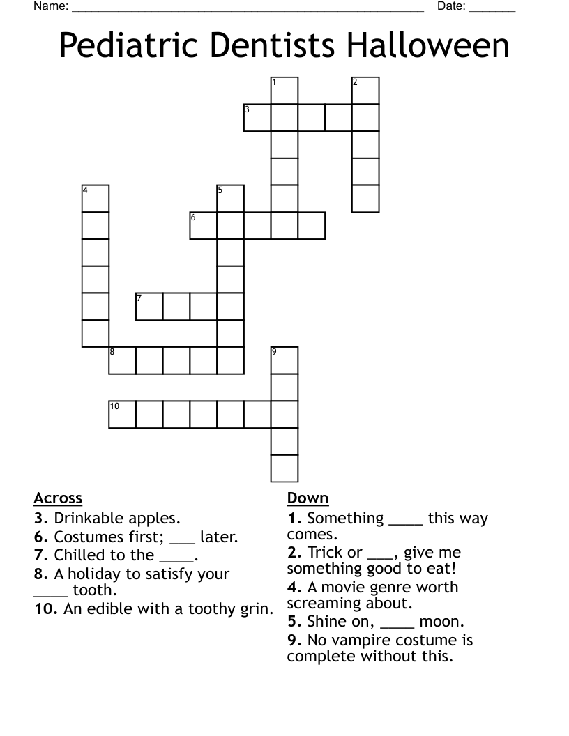 Pediatric Dentists Halloween Crossword