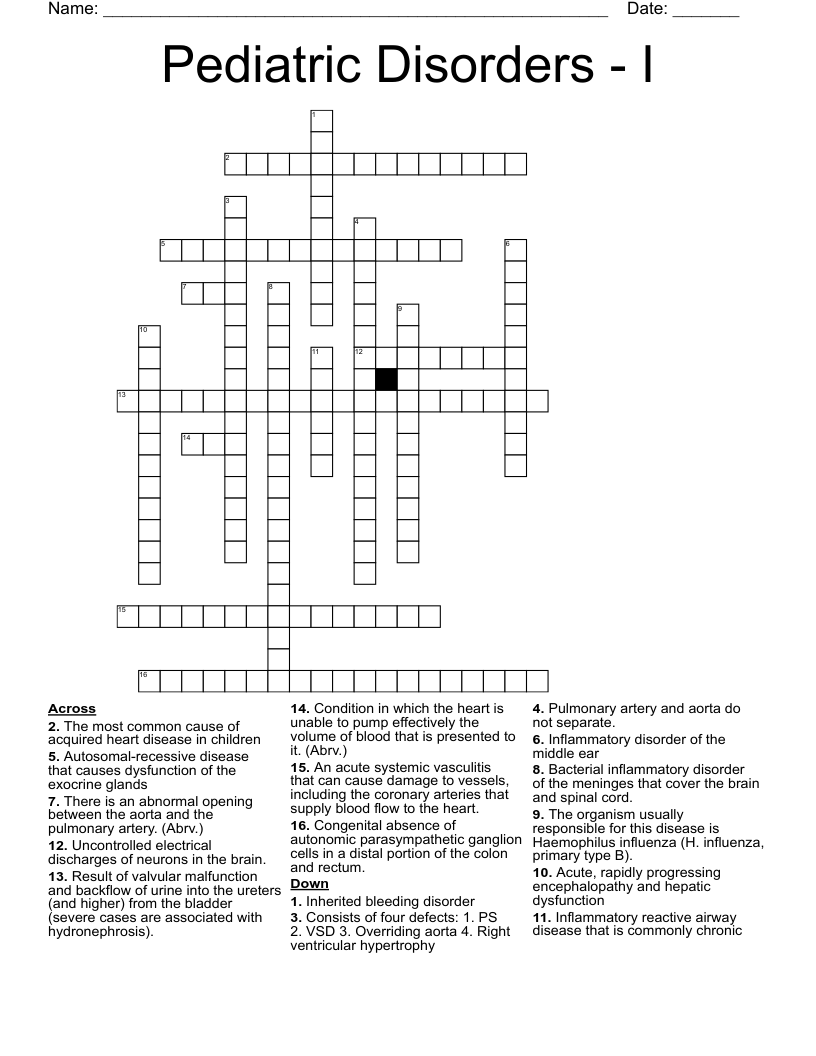 Pediatric Disorders - I Crossword