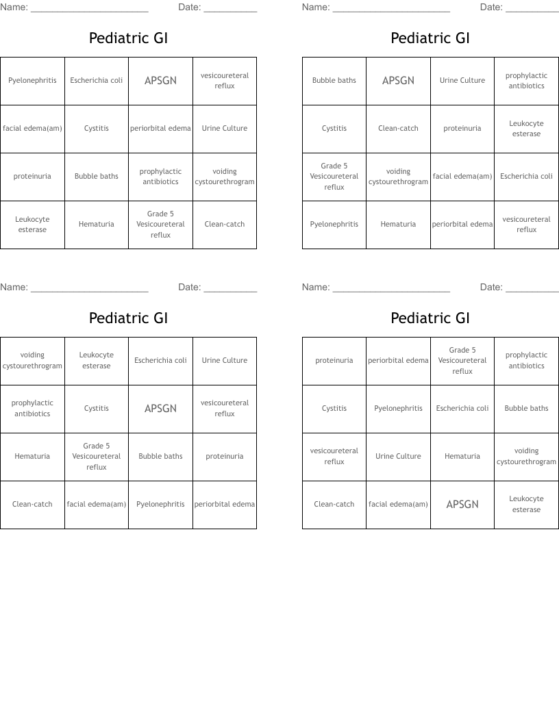 Pediatric GI Bingo Cards
