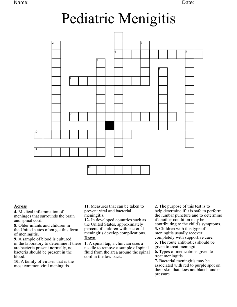 Pediatric Menigitis Crossword